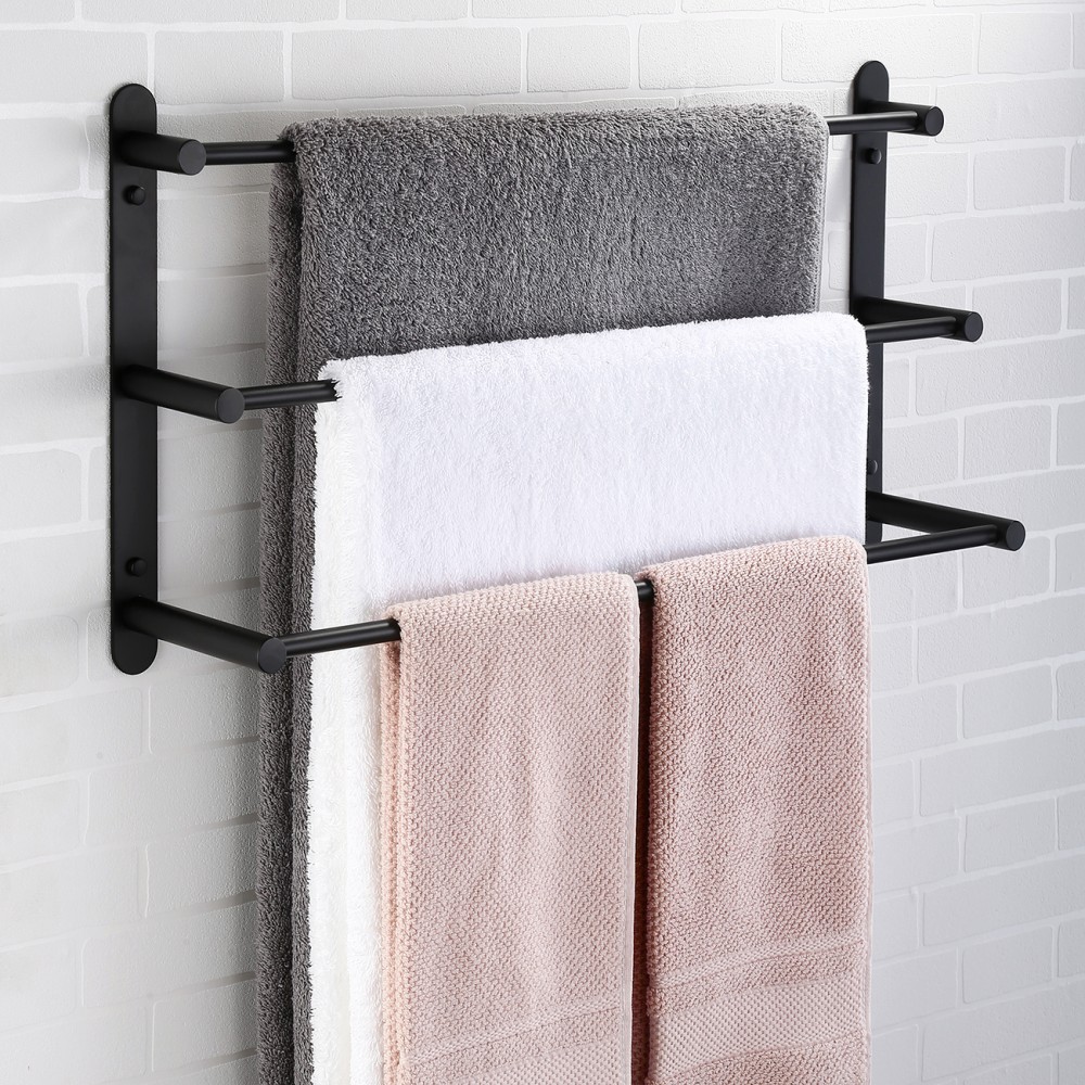 KES3-Tiers Bath Towel Bar 24-Inch Stainless Steel Bathroom Towel Rack Wall  Mount, Matte Black Finish, BTH202S60-BK