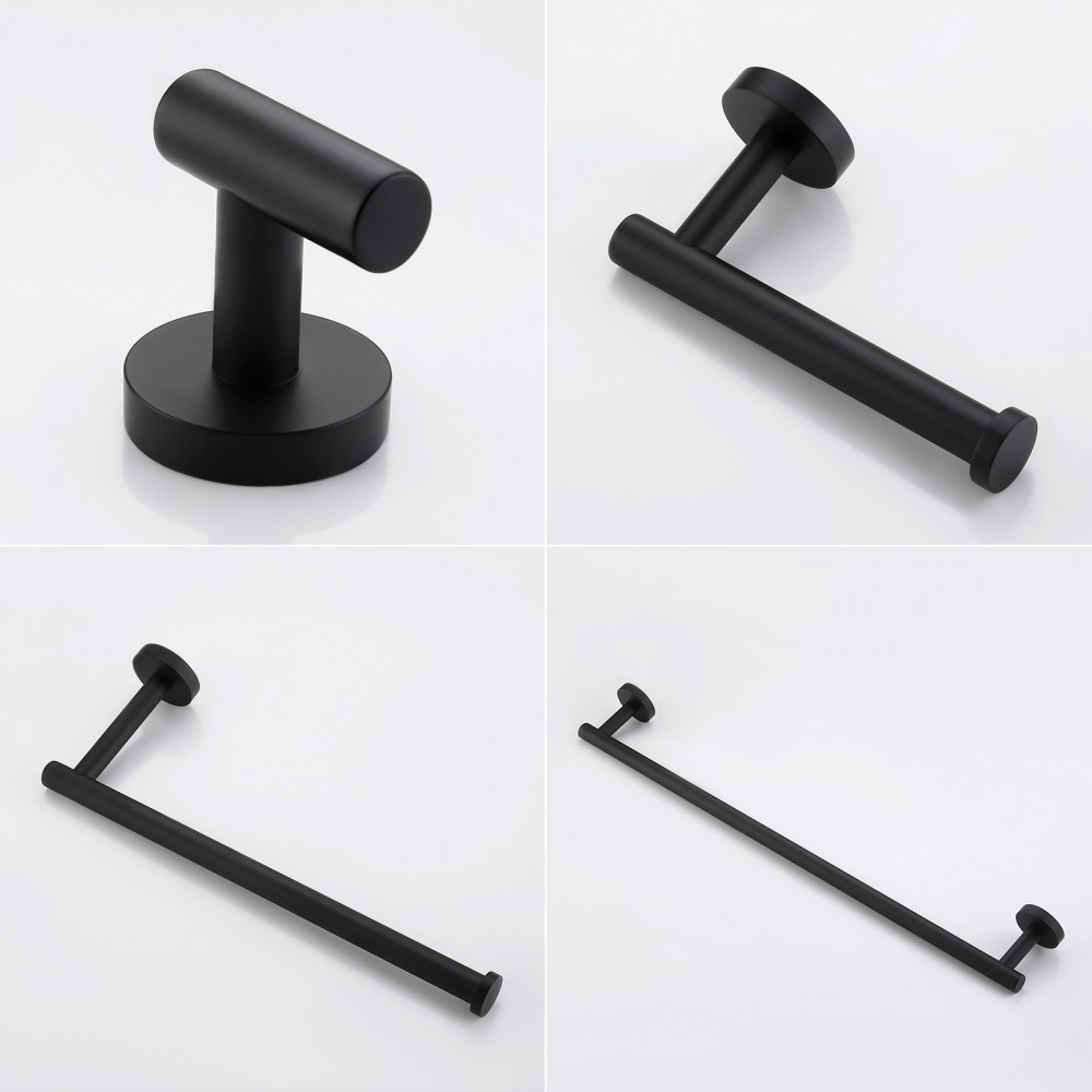 4-Pieces Matte Black Bathroom Hardware Set SUS304 Stainless Steel Round Wall Mounted - Includes 16 inch Hand Towel Bar, Toilet Paper Holder, 2 Robe