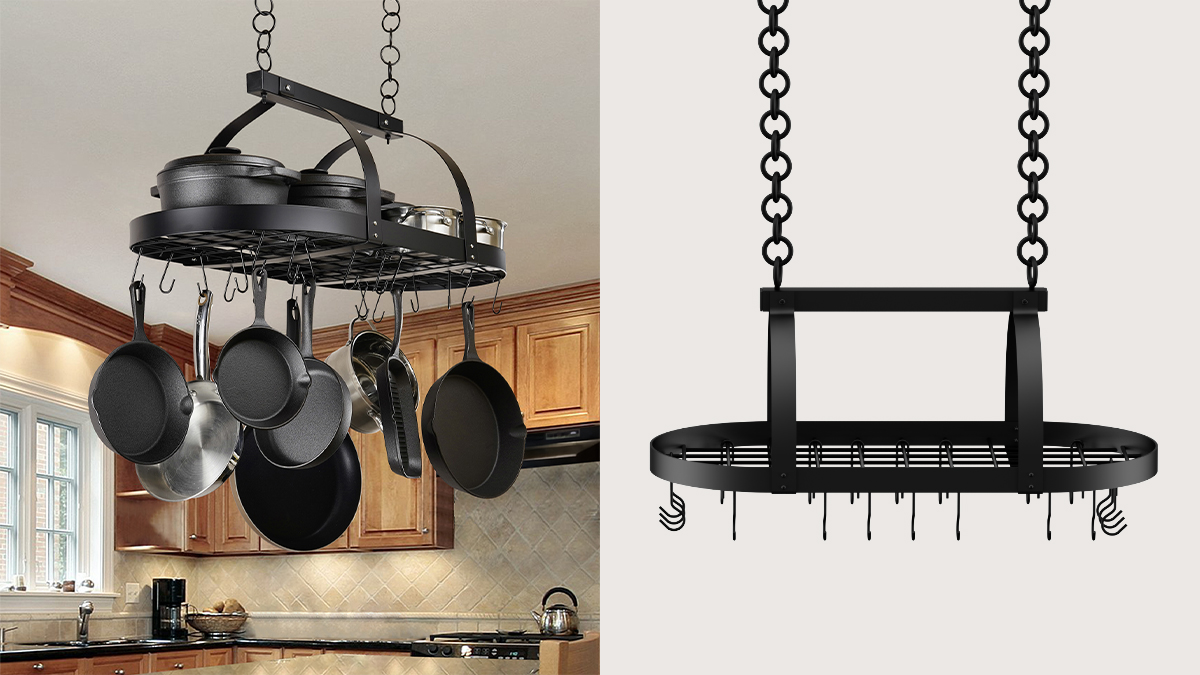 Sturdy and completely functional pot rack by KES, praised in customer testimonials and reviews for its efficient kitchen organization.