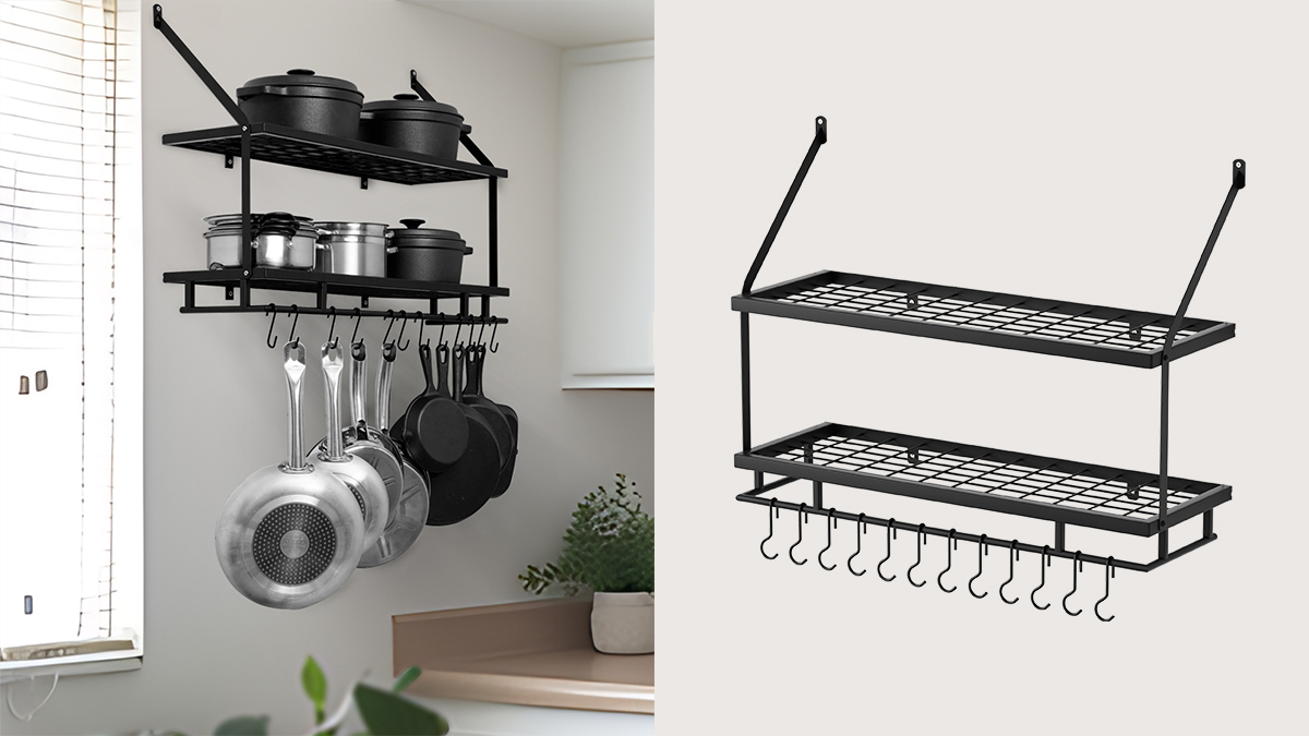 Pot rack by KES, praised in customer testimonials and reviews for freeing up cabinet space and offering sturdy kitchen organization.