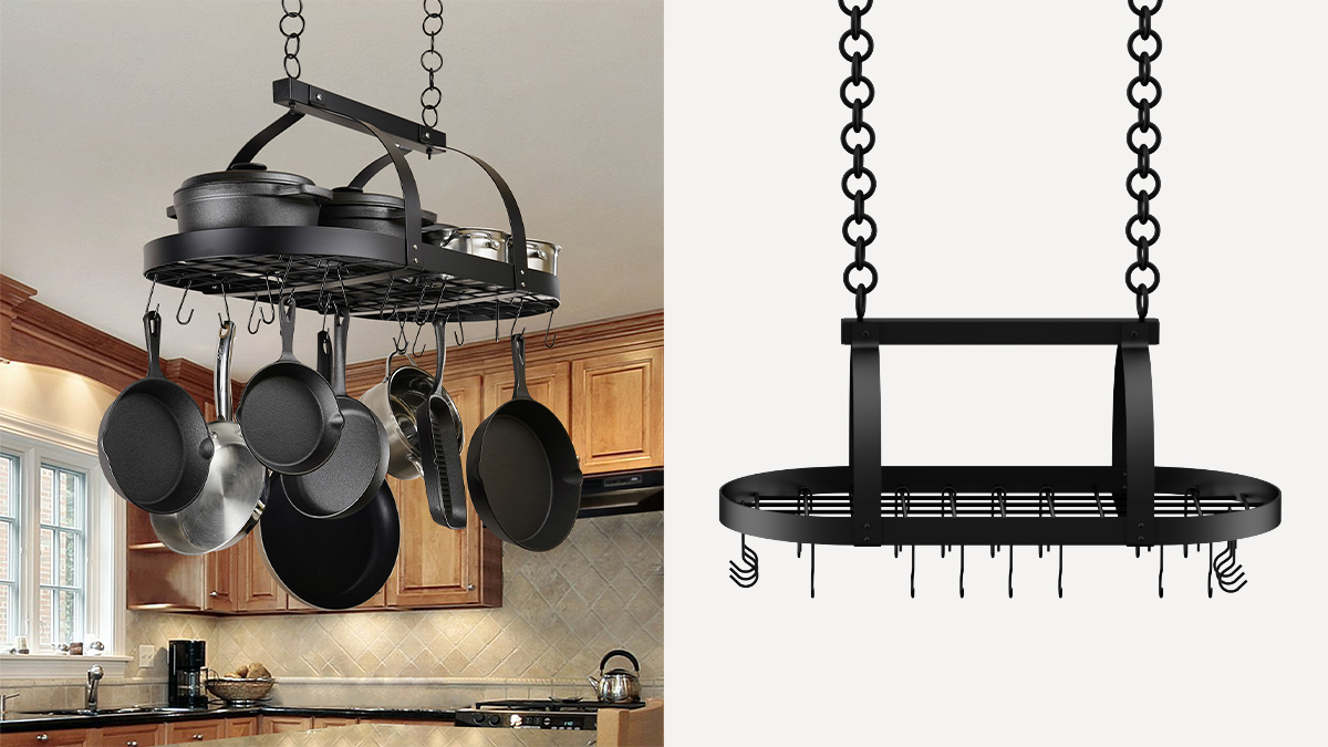 Sturdy and completely functional pot rack by KES, praised in customer testimonials and reviews for its efficient kitchen organization.