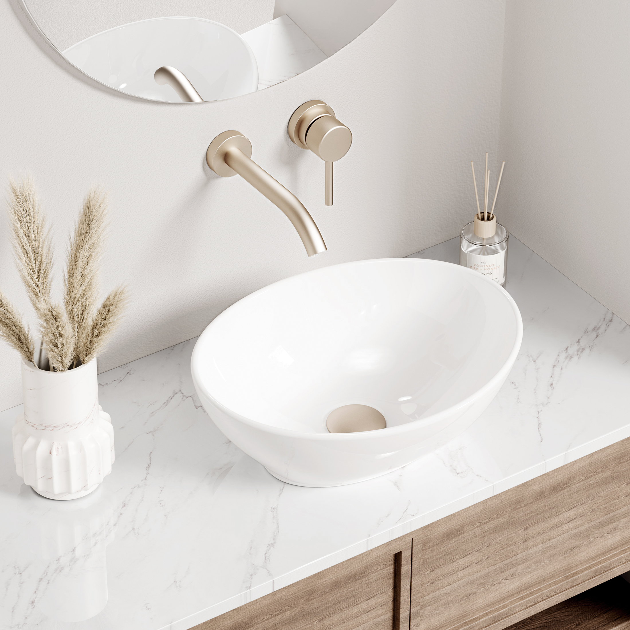 product recommendation, Elegant white oval ceramic sink with a brushed gold wall-mounted faucet by KES, set on a marble countertop for a luxurious bathroom design.