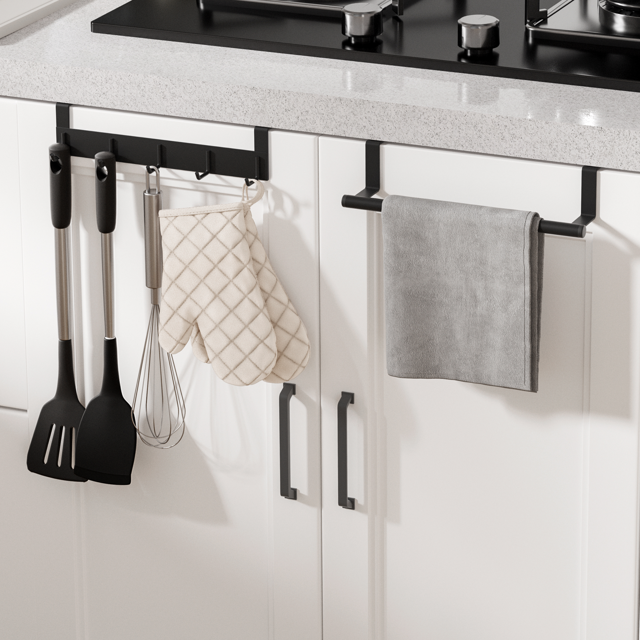 product recommendation, Over the door towel rack by KES holding a towel, and an oven mitt, maximizing storage on a cabinet door for an organized kitchen.