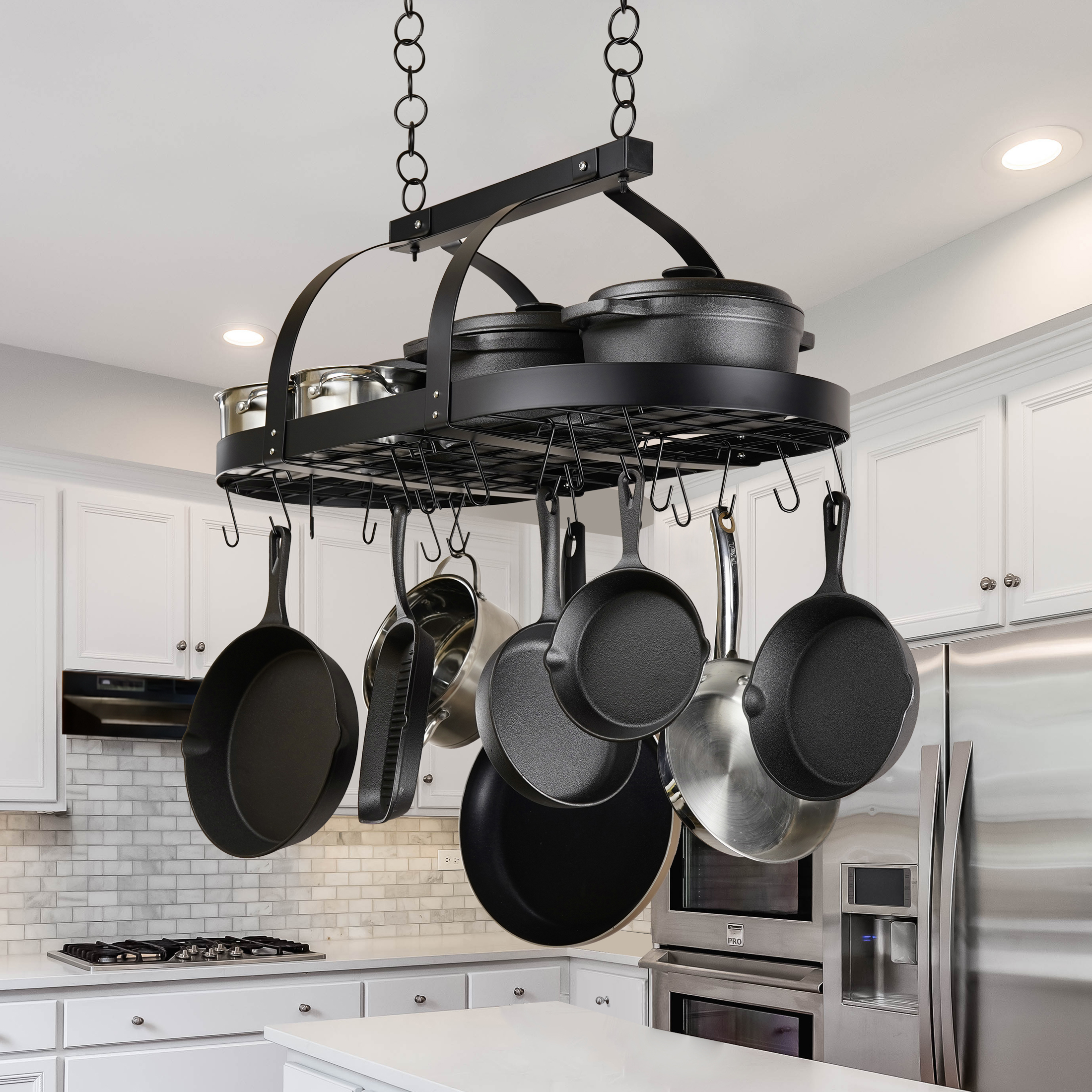 product recommendation, Explore a modern kitchen with a sleek ceiling mounted pot rack by KES, ideal for organizing pots and pans. This space-saving solution enhances kitchen decor with style and functionality. Perfect for those seeking kitchen inspiration and efficient storage.