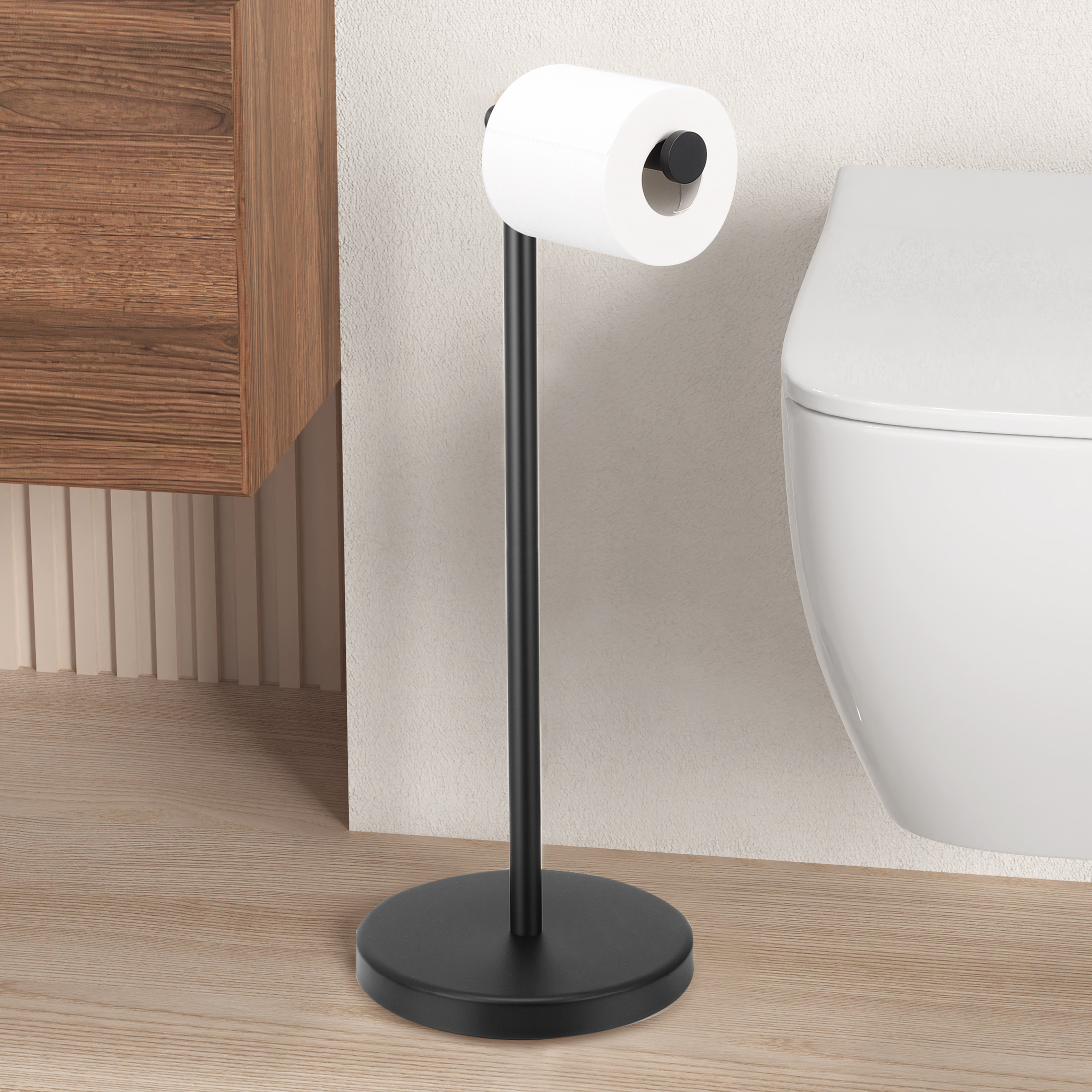 product recommendation, Black standing toilet paper holder by KES, offering a sleek and practical solution to organize and store toilet paper in any bathroom.