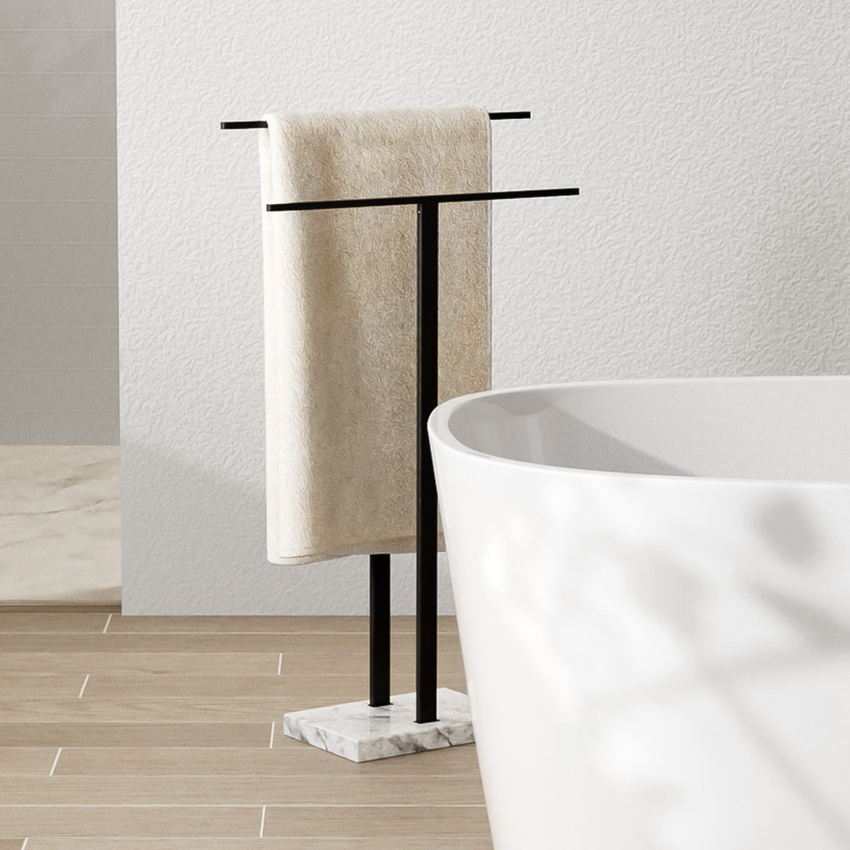 product recommendation, Black standing towel rack by KES with a marble base, providing a stylish and sturdy way to organize towels in the bathroom.