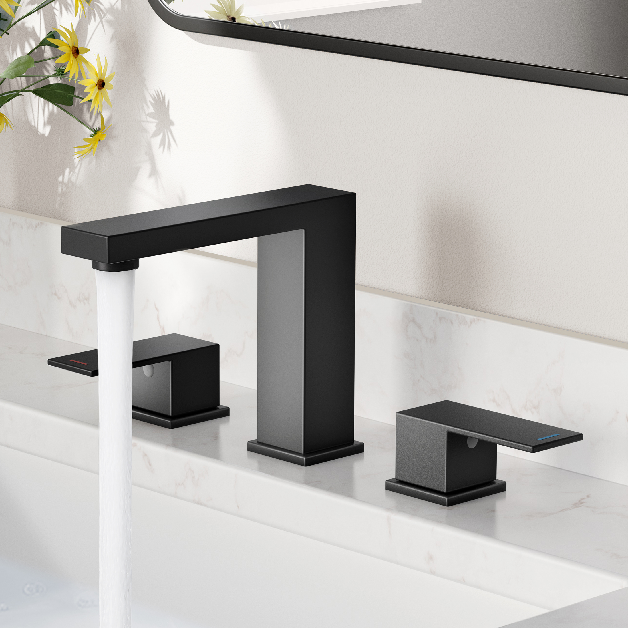 product recommendation, Black 3 hole bathroom faucet by KES with a modern square design, offering sleek style and precise water control for your bathroom.